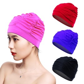 Pack of 4 Pleated Swimming Caps, Hearing Protection Swimming Caps, Turban Swimming Caps, Simple Plain Swimming Caps, Stretchy Elastic Swimming Caps, Suitable for Swimming and Showering