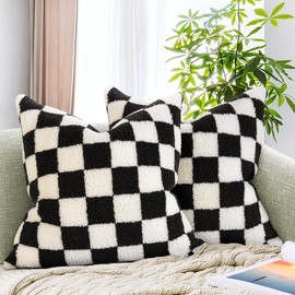 AmHoo Pack of 2 Decorative Throw Pillow Covers Checkerboard Luxury Super Soft Faux Fur Wool Set Case Cushion for Couch Sofa Bedroom 16 x 16-Inch Black