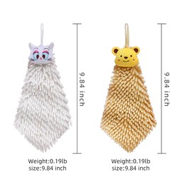 SHINCULSUN Cute Cartoon Animal Soft Chenille Ball Absorbent Fast Drying Hanging Hand Towels Both Sides Use with Hanging Loops for Home Kitchen Bathroom Towel Cleaning Tool (Cat + Bear)