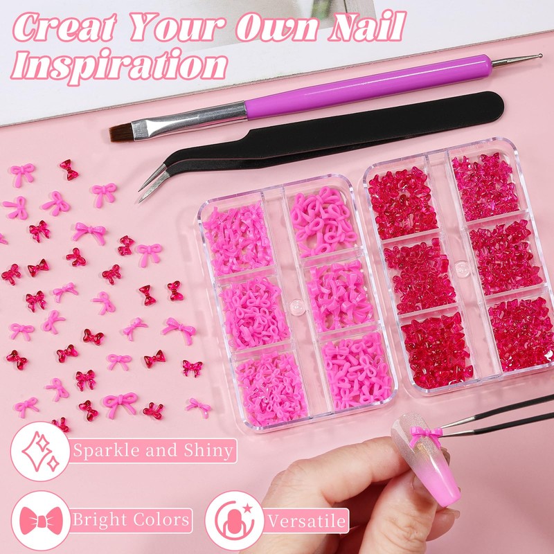 2 Boxes 3D Bow Nail Charms, Rose Mini Bow Charms