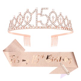 CIEHER 15th Birthday Crown + 15th Birthday Sash + Pearl Pin Set, 15th Birthday Gifts for Girls It's My 15th Birthday Decorations Women Happy 15th Birthday Party Supplies