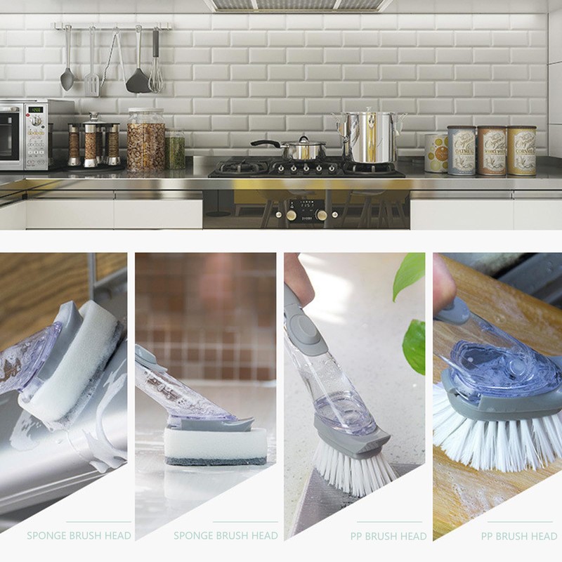 Soap Gray Dispensing Dish Brush With Buckle Sponge，Non-Scratch Kitchen Scrubber