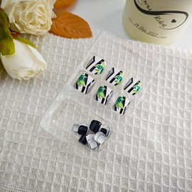 24Pcs Summer Press on Toenails Black White Fake Toe Nails with Green Plants Designs Short Square False Toenails Glossy Acrylic Toenails Stick on Toe Nail for Women Girls Summer Nail Art Decoration
