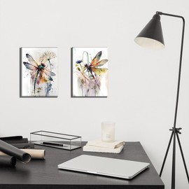 ZOQIPQO Framed Dragonfly Canvas Wall Art,Watercolor Dragonfly Decor Wall Print,Colorful Insect Canvas Wall Art Prints,Dragonfly Floral Pictures Artwork Printing for Bathroom Living Room,4Pcs(8''x10''