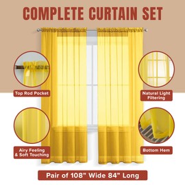 YHSF Sheer Curtains, 84 Inches Long, 2 Panel Set - Home Decoration Elegant Rod Pocket Solid Voile Drapes for Bedroom/Living Room, Window Treatments, Light Filtering, Set of 2, 54" W x 84" L, Yellow