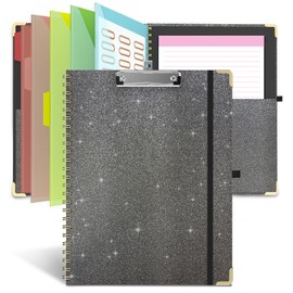 Clipboard Folio with Storage Clipboards Padfolio Notebook for Letter Size (11" x 8.5"), Pink Clipboards with 10 Pockets and 5 Folders Nursing Teacher School Essentials (Black)