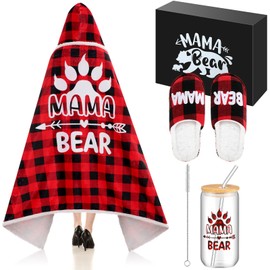 Glitopper 4 Pcs Mom Gifts from Daughter Son, Mama Bear Wearable Blanket Hoodie Slippers Glass Cup Gift for Mom Birthday (Red Black,9-10)