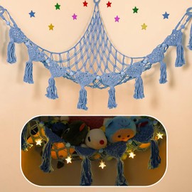 iHansee Stuffed Animal Storage Hammock Corner, 56'' Jumbo Boho Macrame Tassel Toy Holder Wall Mounted, Hanging Net Organizer for Nursery Decor, Dark Blue Plush Toy Net with Star Light for Boys Girls