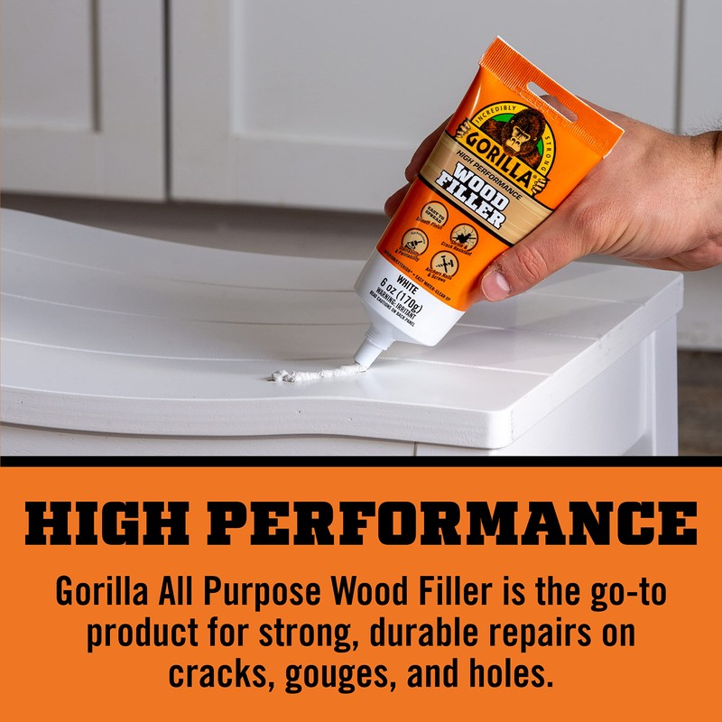 Gorilla All Purpose Wood Filler, 6oz Tube, White (Pack of