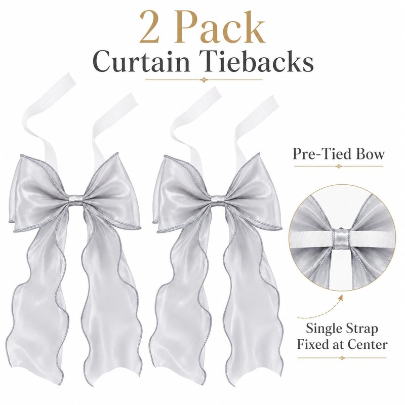 2 Pack Bow Curtain Tiebacks, French Style Silky Ribbon Curtain