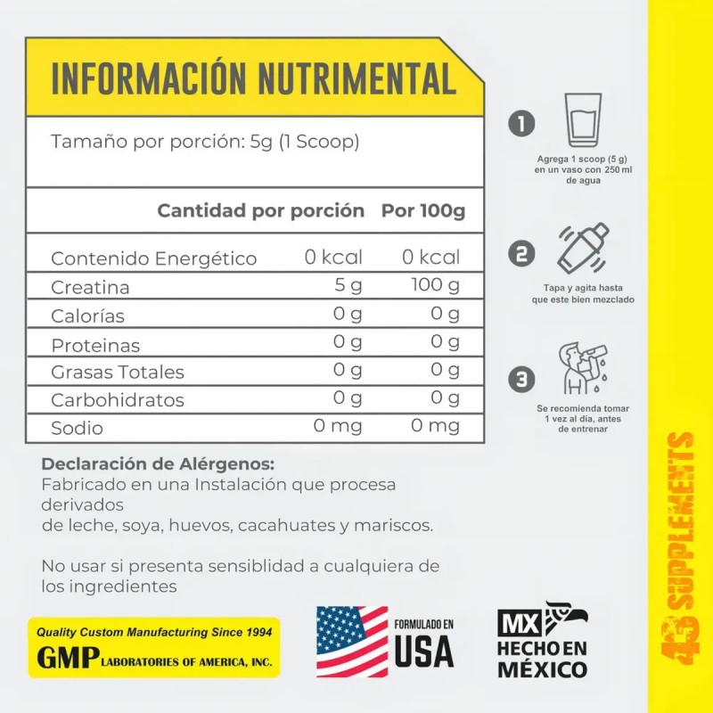 Creatina Monohidratada 350g 70 Servicios Sin Sabor 43 Suppl.