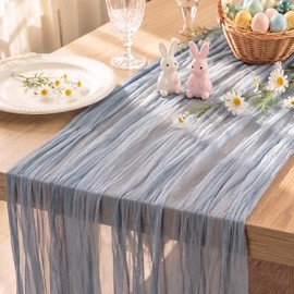 Fixwal - Juego de 8 caminos de mesa de gasa azul polvoriento, estilo bohemio plisado, decoración de mesa larga semitransparente para fiestas, duchas, cumpleaños y bodas (35 x 120 pulgadas)