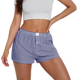 Allmloers Women Y2k Pajamas Shorts Elastic Low Waist Checkered Boxers Shorts Summer Plaid Sleeping Shorts Lounge Navy Blue