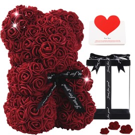 Gifts for Women - Rose Bear - Rose Flower Bear Hand Made Rose Teddy Bear - Gift for Valentines Day, Mothers Day, Wedding and Anniversary & Bridal Showers - w/Clear Clear Gift Box 10 Inch