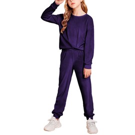 Arshiner Girls Pullover Sweatsuit Casual Velour Tracksuits for Kids Long Sleeve Tracksuit Solid Color Jogging Suits Dark Purple Size 7-8Y