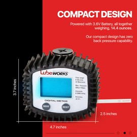Lubeworks Oil Control Meter Digital 1-35lpm / 1-10gpm Heavy Duty 3V Batter Powered for Motor, Synthetic Hydraulic, Gear Oil, Transmission Fluid in Liter, Gallon, Pint and Quart (Meter Only)
