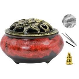 MrMrKura Ceramic Incense Burner with Lid, Incense Holder for Sticks Incense Cone Holder with Brass Incense Stick Holder for Yoga Meditation Home Decor (Fambe Red)