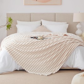 EXQ Home Fleece Blanket King Size for Couch or Bed - 3D Stripe Jacquard Decorative Blankets - Cozy Soft Lightweight Fuzzy Flannel Blanket Suitable for All Seasons(90"×108",Beige)