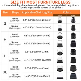 8 PCS Extra Large Chair Leg Sliders for Carpet, Chair Glides for Carpet, Teflon Furniture Pads, Bar Stool Chair Leg Protectors Caps for Carpet, Chair Leg Cups Covers (Fit: 1.3" - 1.7", Black)