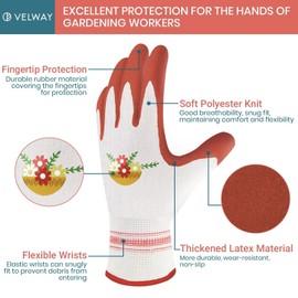 Velway 6 Pairs Gardening Gloves for Women - Breathable Rubber Coated Garden Work Gloves - Outdoor Protective Yard Gloves with Grip Gardening Gifts - Red & Purple & Green Large