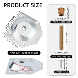 NICENEEDED 12 Degree Angled Leg Mounting Plates, Furniture Leg Attachment Plates, Industrial Strength T-Plate, Legs with Hanger Bolts and Screw for Furniture Sofa Couches Seats, Set of 4