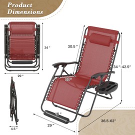 Athena Collection Zero Gravity Outdoor Lounge Chair Set of 2, 29" Width Pool Lounge Lawn Chairs Reclining with Cup Holder Foot Pad, Outdoor Chaise for Beach Patio Backyard Outside, Dark Red