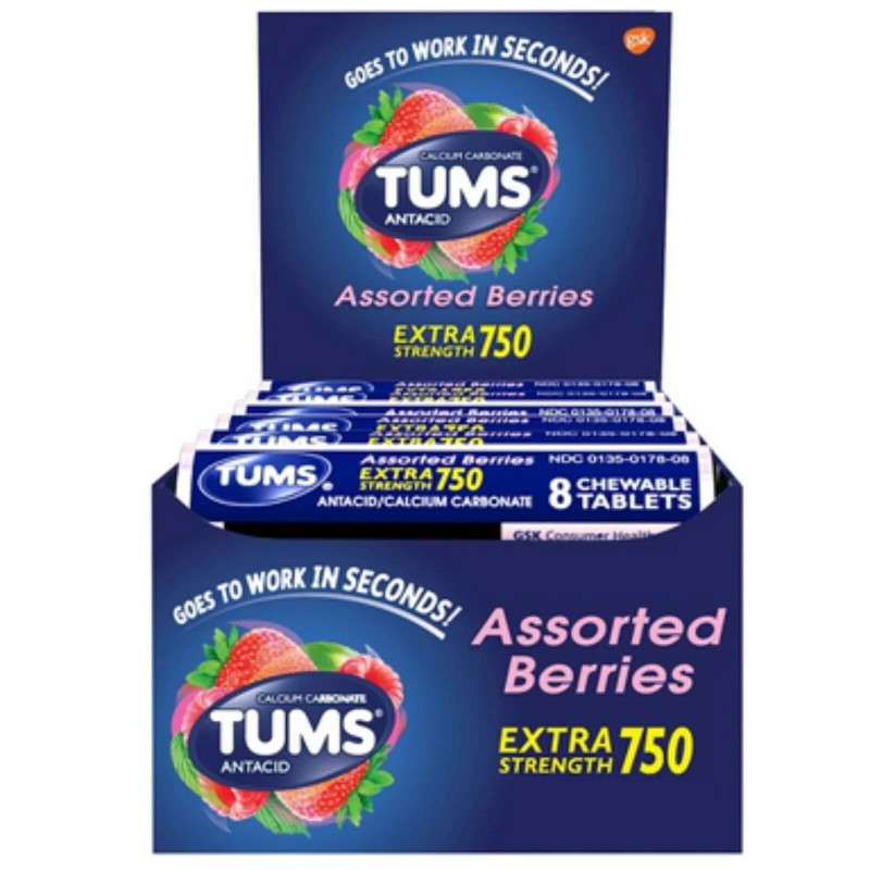 Tums Antacid Extra Strength 750, Assorted Berries, 12 Rolls Per