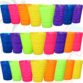 Domensi 24 Pack Tiki Plastic Cups Bulk 10oz Hawaiian Cups Hard Plastic Material Tiki Statue Drinking Cup for Summer Luau Party Drinkware Supplies