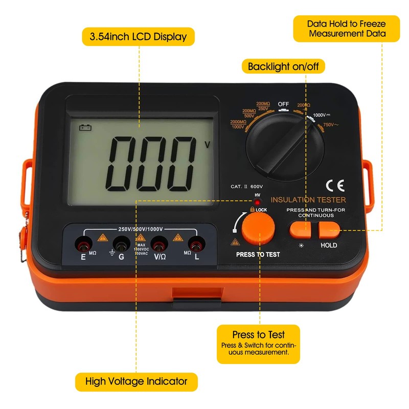 Digital Megohmmeter, Kethvoz 1000V Insulation Tester, Insulation Resistance 0.1MΩ-2GΩ with