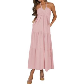 AmySister Women's Casual Summer Halter Tiered Maternity Maxi Dress with Pockets Blush XS