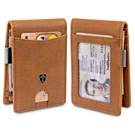 TRAVANDO Money Clip Wallet Atlanta Mens Front Pocket Slim RFID Blocking - Credit Card Holder - Mini Bifold (Suede Leather, Cognac Brown)