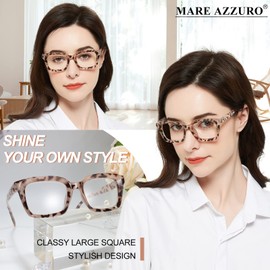 MARE AZZURO Large Reading Glasses Women Retro Square Readers 1.00 1.25 1.50 1.75 2.00 2.25 2.50 2.75 3.00 3.50 4.00 5.00 6.00 (Beige tortoise, 1.0)