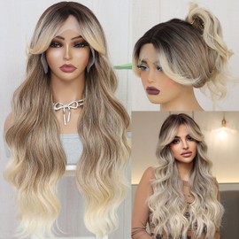 Svolna Blonde Ombre Lace Front Wig with Bangs Long Wavy Lace Wigs for Women Natural Synthetic Middle Part Dark Roots Layered Wavy Wigs Fringe 26 Inch (Blonde Ombre)