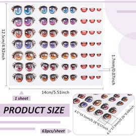 PH PandaHall 63pcs 3D Resin Adhesive Eyes Small Anime Eye Mouth Paster Cartoon Eyes Stickers Cute Mouth Decals Colorful Adhesive Eye for DIY Anime Crochet Face Clay Craft Puppets Making, 1 Sheet
