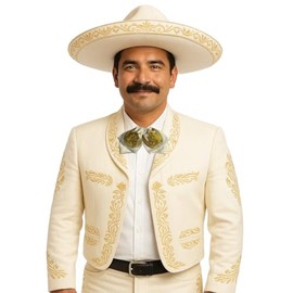 Mexican Mariachi Charro Bow Tie, Satin, Gold Embroidered Design, White