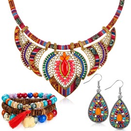 Hicarer Bohemian Jewelry Set Ethnic Style Tribal Choker Costume Necklace Multilayer Boho Stretch Beaded Bracelet Vintage Dangle Earrings for Women Girl Gift