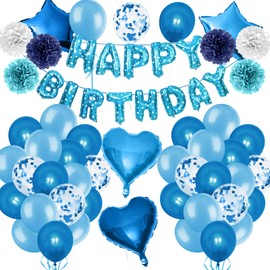 Zercart Blue Birthday Party Decorations, Blue Balloons Birthday Decorations for Men Women, Happy Birthday Letter Banner, Birthday Party Supplies Helium Balloons Confetti Balloons for Birthday