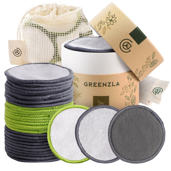 Greenzla Washable Make-Up Pads (Pack of 30) with Washable Laundry Bag and Round Box for Storage, Natural Bamboo & Organic Cotton, Reusable Cotton Pads for All Skin Types, Zero Waste