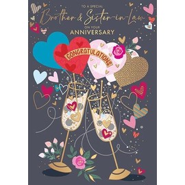 Special Brother and Sister-In-Law Anniversary Card - Champagne Flutes and Love Heart Balloons with Embossed Foil Details - Eco-Friendly - by Words and Wishes