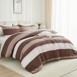 Litanika Brown Comforter Set King - 3 Pieces Lightweight Brown White Colorblock Stripe Fluffy Bedding Comforter Sets, All Season Bed Set