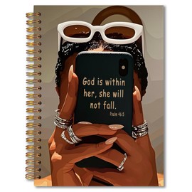 MKIJUHB God Is Within Her She Will Not Fall Christian Spiral Notebook 5.5x8.3, Inspirational Bible Prayer Journal for Woman, Trendy Black Girl Christian Notebook for Note Taking