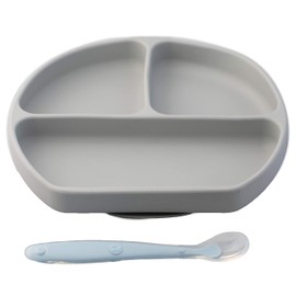 PAPU BABY Plato con divisiones y cuchara de silicón para bebés. Libres de BPA. Plato con succión. Silicón de grado alimenticio. Alimentación independiente. (Gris Claro)