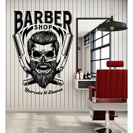 Vinyl Wall Decal Haircuts Shaves Barber Shop Skull Man's Hair Stickers Mural Large Decor (g7361) Black