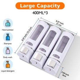 Cretosou 3 PCS Shampoo and Conditioner Dispenser, Wall Mounted Soap Dispenser Shower Gel Dispensers Shampoo Dispenser, Shower Dispensers Wall Mounted for Bathroom Hotel 400MLX3