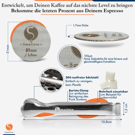 SMARISTA® Puck Screen 51 mm - With Barista Clamp for Easy Cleaning - Espresso Strainer for Portafilter - 1.7 mm Thick, 150 μm - Troubleshooting Guide