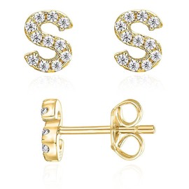 Letter S Initial Stud Earrings for Girls, 14K Gold Plated Sterling Silver Alphabet Letter Earrings, Post CZ Stud Earrings, Hypoallergenic Earrings for Girl Women Teen Girl Gifts (S)