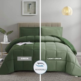 HIG 3 Pieces Green Oversized King Plus Comforter Set, Modern Breathable Box Stitched Duvet Insert with 2 Shams, Soft Fluffy All Season Reversible Bedding Set Blanket with Corner Tabs for Bedroom