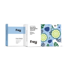 FREY Concentrated Washing Detergent + Natural Dryer Sheets (Classic Package) - Laundry Bundle Includes Free and Clear Detergent (50 loads) and 40 Scented Dryer Sheets (Sandalwood)