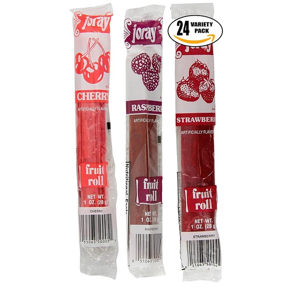Joray Fruit Roll Variety Pack! Cherry, Strawberry Raspberry, .75 Oz Fruit Leather (Total of 24 Fruit Leathers)
