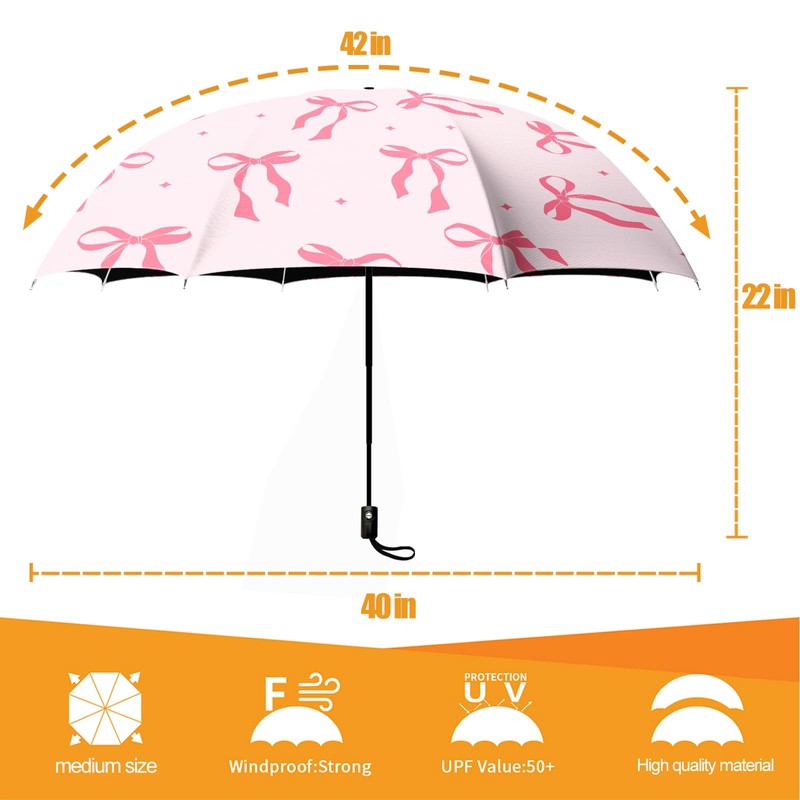 WSZYNDF Pink Bow Pattern Umbrella, Small Travel Compact Automatic Folding